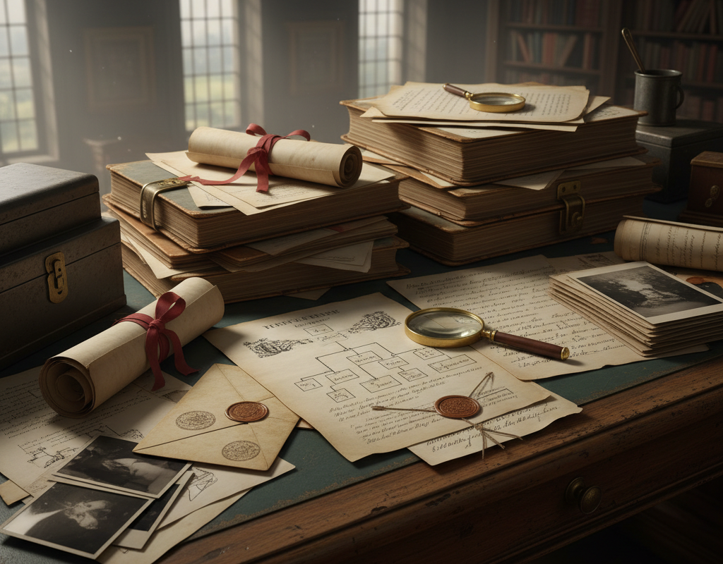 Antique painting and archival research materials